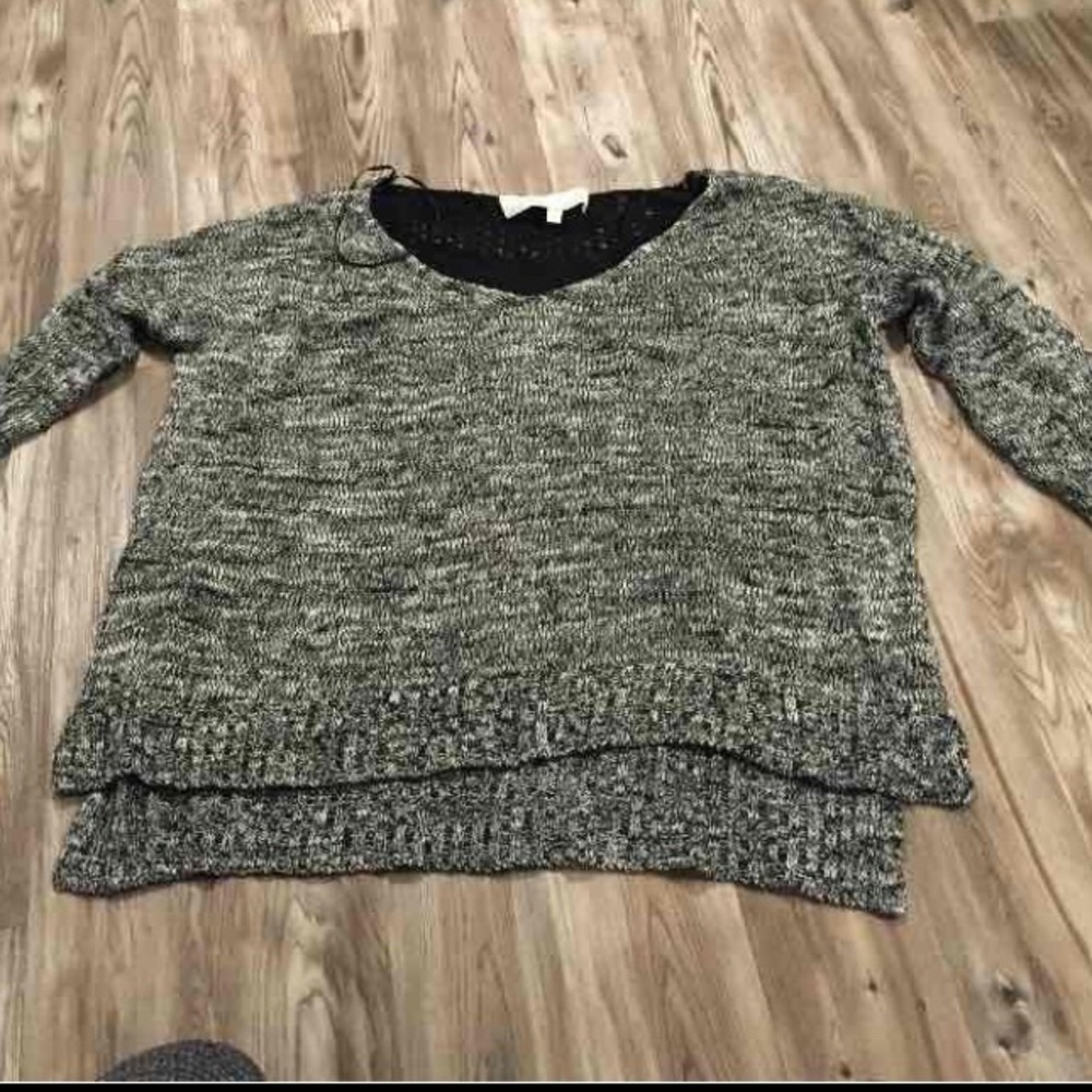 Grey and black woven sweater w lace back crochet size large